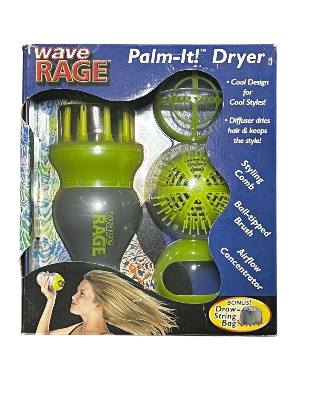 2003 NRFB Wave RAGE Palm-It! Diffuser Hair Dryer - Green and Gray Styling Set